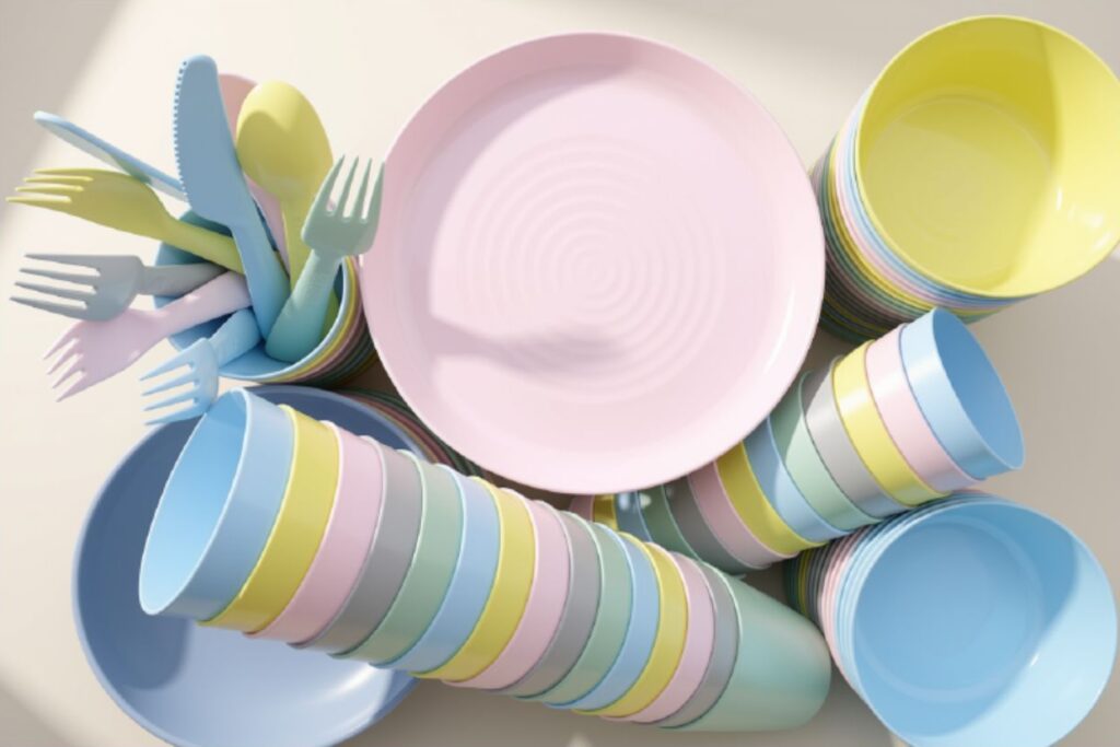 Pastel plates, cups, bowls and tableware
